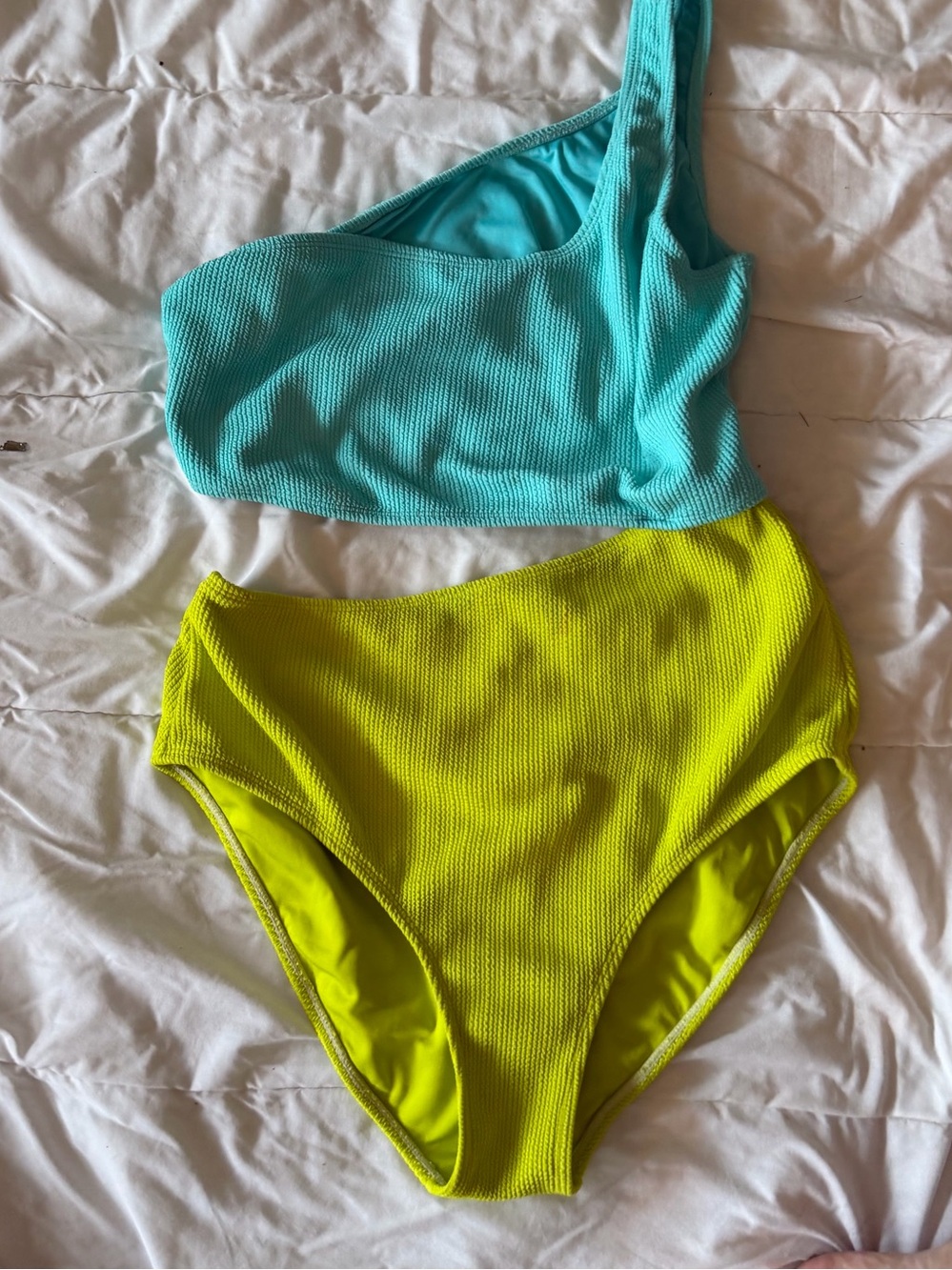 Breezies Girls' One-Shoulder Bikini in Aqua Top and Lime Bottoms